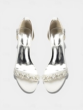 cheap Heeled Sandals-Women's Navy Pearl Embellished Chunky Heel Sandals - Elegant Ankle Strap Cocktail Party Dress Shoes