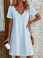  Women's Knee Length Dress White Dress Summer Dress Eyelet Dress Elegant Fashion Modern Beach Vacation Holiday Regular Fit Plain Short Sleeve V Neck Blue White Yellow Pink Summer Spring