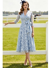 cheap Tea Length-A-Line Tea Length Blazer Dress Formal Dresses Mother of the Bride Dress Long Sleeve Shirt Collar Elegant Vintage Formal Wedding Guest Kentucky Derby Chiffon Satin Jacquard with Bow(s) Pleats Flower