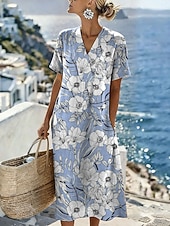 economico Abiti floreali-Per donna Abito Midi Abito a Tubino Vestito Estivo Vacanza Casual Spiaggia Vestibilità regolare Floreale Grafico Manica Corta Scollo a V Blu Bianco Rosa Viola Estate Primavera