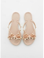 billige Sklisandaler-svarte sløyfeflip-flops med pigg for kvinner – elegante strandsandaler med komfortabel flat såle for sommerbruk