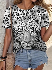 abordables T-shirt Animaux-Femmes T-shirt Imprimé Graphique Léopard ancien Élégant Occasionnel Manche Courte Col ras du cou Col rond Hauts Réguliers Occasionnel Quotidien Noir Arc-en-ciel Été Printemps