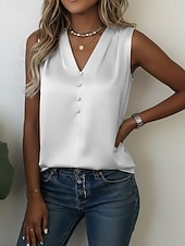  Pentru femei Top din satin Bluză Nasturi Culoare solidă Stilat De Bază Casual Fără manșon În V Topuri obișnuite Casual Zilnic Albastru piscină Alb Bleumarin Kaki Caisă Vară Primăvară