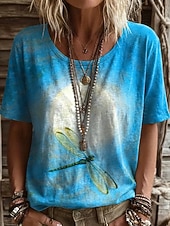 cheap Boho tee-Women's T Shirt Print Floral Graphic Plants Vintage Stylish Casual Short Sleeve V Neck Regular Tops Casual Daily Weekend Blue White-Blue Light Beige Beige Summer Spring