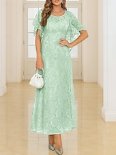 billige Gulvlengde-A-Linje Gulvlengde Bryllupsgjestkjole Formelle Kjoler Kveldsdrakt Mor til bruden Kjole Kortermet Rundhals Elegant Vintage Fest Blonde med Blonde