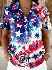  Dia da Independência Americana Mulheres Camisa Social Botões Imprimir Gráfico Bandeira americana Vintage à moda Moderno Manga Curta Colarinho de Camisa Tops regulares Casual Diário Azul Vermelho