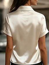 voordelige Effen t-shirt-Dames Satijnen overhemd Blouse Effen Kleur Elegant Stijlvol Basic Korte mouw Overhemdkraag Normale tops Casual Dagelijks Kantoor blauw Zwart Rood Abrikoos Zomer Lente