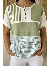 tanie koszulka sztuka i design-Damskie Koszulka z goframi Teksturowane swetry z dzianiny Podkoszulek Kolorowy blok Nadruk Graficzny Geometryczny Abstrakcja Zabytkowe Elegancki Klasyczny Krótki rękaw Półgolf Henley Zwykłe topy