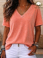 cheap Basic Women's Tops-SoftFade™ Women's 100% Cotton T Shirt Cotton Acid Wash Vintage Fashion Stylish Short Sleeve V Neck Regular Tops Casual Daily Going out Blue Purple / Blue Black Purple Orange Summer Spring