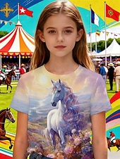 economico Animali 3D della Ragazza-Derby del Kentucky Ragazze 3D Grafico Cavallo Maglietta Manica Corta Stampa 3D Estate Primavera Sport Moda Streetwear Bambini 4-12 Anni Girocollo Casuale Quotidiano All'aperto Vestibilità regolare