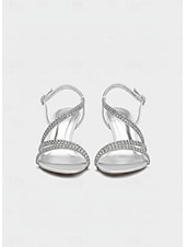 cheap Heeled Sandals-Women's Silver Strappy Slingback Sandals with Rhinestone Detailing – Sparkly Open Toe Kitten Heels for Cocktail Evenings and Wedding Receptions