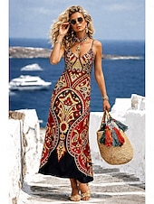 voordelige Boho Jurken-Dames Maxi-jurk Zonnejurk A lijn jurk Slipdress Vakantie Casual Strand Uitgaan Ruim Passend Grafisch Paisley Tribal Mouwloos V-hals Rood Zomer Lente