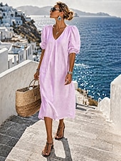 economico Vestiti-Per donna Abito Midi Abiti effetto lino Abito a Tubino Abito Camicia Abito Bianco Essenziale Moderno Quotidiano Vacanza Weekend Vestibilità comoda Semplice Manica 3/4 Scollo a V Blu Giallo Chiaro