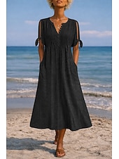 cheap White Lace Dresses-Women's Midi Dress Boho Dress A Line Dress Summer Dress Elegant Fashion Modern Daily Outdoor Beach Loose Fit Plain Short Sleeve V Neck White Purple Light Blue Summer Spring