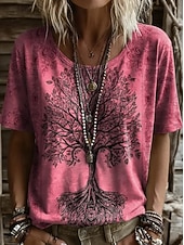 voordelige Boho t-shirt-Dames T-shirt Afdrukken Bloemig Grafisch Planten Vintage Stijlvol Casual Korte mouw V-hals Normale tops Casual Dagelijks Weekend blauw Blozend Roze Int Blauw Groen Zomer Lente