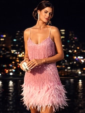 ieftine Rochii scurte și mini-Linia -A Scurt Mini Rochii de bal Strălucitor &amp; Sclipitor Sexy Fără manșon Bretele Spagheti Bal Petrecere Nuntă Paiete cu Pene Breton Paiete