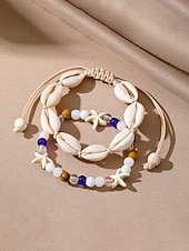 Недорогие Женский браслет-Женский богемный браслет на лодыжку из ракушек с подвесками в виде звезд, двухслойный, регулируемая длина, идеально подходит для пляжного отдыха, повседневной носки и летних аксессуаров.