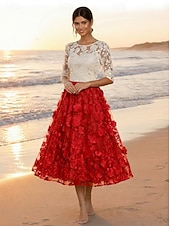 cheap Cocktail Dresses-A-Line Tea Length Lace Dress Cocktail Dresses Elegant Vintage Floral Half Sleeve Crew Neck Garden Party Wedding Pocket Satin Tulle with Embroidered Flower Appliques