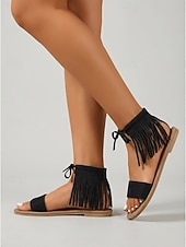 cheap Flat Sandals-Women's Khaki Fringe Sandals – Boho Ankle Tie Flat Sandals for Music Festival &amp; Summer Vacation Wear
