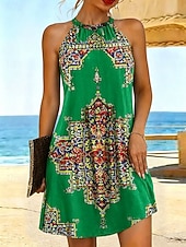 economico Abiti Boho-Per donna Abito al ginocchio Abito a trapezio Abito Estivo Vacanza Casual Vestibilità regolare Grafico Boho Paisley Damasco Senza Maniche All'americana Rosso Viola Arancione Verde Estate Primavera