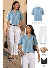 abordables T-shirt uni-Femmes Chemise gaufrée T-shirt Tops en tricot gaufre Uni Élégant Classique Moderne Manche Courte Col en V Hauts Réguliers Quotidien Fête Sortir Blanche Orange Vert Bleu clair Noir Été Printemps