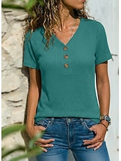 abordables Camiseta lisa-Mujer Camiseta Tops de punto gofre Camiseta superior Botones Color sólido Moda Elegante Clásico Manga Corta Escote en Pico Tops largos Diario Noche Fin de semana Azul Piscina Amarillo Rosa Verde