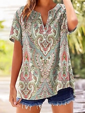 economico Arte &amp; Design Bluse-Per donna Camicia Bottoni Stampato Floreale Grafico Paisley Elegante Classico Casual Manica Corta Scollo a V Top lunghi Casuale Quotidiano Uscire Blu Arancione Estate Primavera