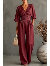 preiswerte Urlaubsoverall-Damen Overall Elegant Einfarbig Halbarm Weites Bein V Ausschnitt Patchwork Tasche Täglich Urlaub Normale Passform Schwarz Weiß Gelb Sommer