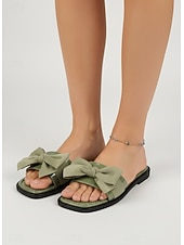 voordelige Slide Sandalen-Opvallende roze slippers met strik voor dames - chique platte slippers met vierkante neus en oversized decoratieve knopen, perfect voor luxe hotelvakanties en stranduitjes. &amp;zomerresort luieren