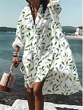 preiswerte Lässige Blumenkleider-Damen Knielanges Kleid Hemdblusenkleid Freizeitkleid Sommerkleid Elegant Bohemien Urlaub Strand Lässiger Schnitt Blumen Langarm V Ausschnitt Hemdkragen Blau Gelb Hellgrün Grün Sommer Frühling