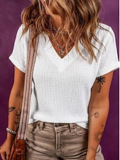 cheap Plain tee-Women's Waffle T-shirt Tee Top Solid Color Elegant Fashion Stylish Short Sleeve Batwing Sleeve V Neck Regular Tops Casual Going out Black White Pink Green Apricot Summer Spring