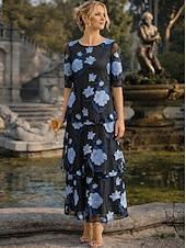 billige Ankellengde-A-linje Kjoler Ankellengde Festkjole Cocktail Kjole Kjole til brudens mor Halvlange ermer Øsehals Elegant Årgang Formell Bryllupsgjest Ferie Chiffon med Blomstertrykk Drapert Broderi