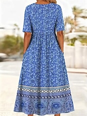 preiswerte Boho Kleider-Damen Midikleid Sommerkleid Urlaub Lässig Boho Täglich Strand Normale Passform Blumen Halbarm Rundhalsausschnitt Blau Rote Dunkelblau Beige Sommer Frühling