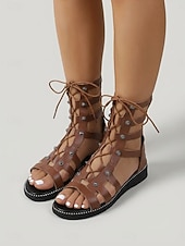 ieftine Sandale gladiator-Sandale gladiator cu cuie pentru femei – pantofi romani plați, cu șireturi și barete, pentru vacanțe în croazieră, călătorii la plajă și ținute de vară