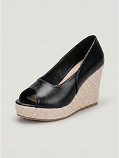 abordables Escarpins Peep Toe-Sandales compensées noires à bout ouvert pour femmes - espadrilles d'été à talons hauts et semelle tressée, idéales pour les croisières, les excursions à terre et les dîners élégants.