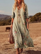 voordelige Etnische Boho Jurk-Dames Maxi-jurk Boho-jurk Vintage Jurk Casual jurk Vintage Ruim Passend Bloemig Lange mouw V-hals Zwart en Wit Ijsblauw Zwart Geel Zomer Lente