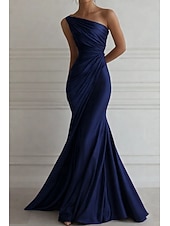 abordables Vestidos de Noche Sirena-Corte Trompeta Sirena Hasta el Suelo Vestidos de noche Elegante Sin Mangas Un Hombro Boda Formal Vestido rosa Satén elástico con Plisado