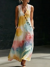 cheap Boho Dress-Women's Long Dress Maxi Dress Sundress Casual Dress A Line Dress Elegant Vacation Stylish Beach Holiday Regular Fit Graphic Geometric Sleeveless V Neck Blue Yellow Pink Summer Spring