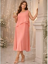 cheap Mom's Dress Sets-Two Piece A-Line Tea Length Wedding Guest Dress Mother of the Bride Dress 3/4 Length Sleeve Jewel Neck Elegant Vintage Wedding Party Chiffon with Beading