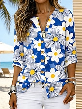 preiswerte Blumenblusen-Damen Hemd Tunika Sommeroberteile Knöpfe Blumen Grafik Urlaub Vintage Täglich Langarm V Ausschnitt Normale Oberteile Täglich Ferien Ausgehen Blau Gelb Rote Grün Sommer Frühling