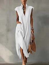  Women's Midi Dress Linen-feel Dresses Boho Dress Elegant Daily Outdoor Beach Loose Fit Plain Sleeveless V Neck Black White Red Sky Blue Summer
