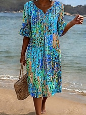 abordables Robes Rayés et Géométriques-Femmes Robe Midi Robe d'Été Robe Décontractée Robe trapèze Élégant Vacances Occasionnel Plage Fête Coupe Ample Graphique Géométrique Manche Courte Col en V Bleu Rose Claire Violet Vert Été Printemps