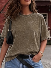 ieftine tricou simplu-Tricou damă 100% bumbac, vintage, spălat, topuri, modă, stilat, clasic, mânecă scurtă, guler rotund, topuri lungi, casual, zilnic, plajă, trandafir, roșu, albastru, verde iarbă, negru, portocaliu, vară, primăvară