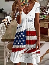  День независимости США Жен. Мини-платье Платье-футболка Платье A-силуэта На каждый день Повседневные Стандартный Графика Американский флаг С короткими рукавами V-образный вырез Синий Белый Красный