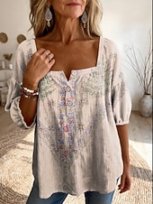 economico Bluse Floreali-Per donna Blusa Bottoni Stampato Floreale Grafico Quotidiano Elegante Essenziale Mezza Manica Collo quadrato Top lunghi Quotidiano Giallo Verde Beige Azzurro Estate Primavera