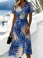 economico Abiti casual floreali-Per donna Abito Midi Abito a Tubino Vacanza Casual Boho Quotidiano Abito Estivo Abito Primaverile Vestibilità regolare Floreale Grafico Manica Corta Girocollo Scollo a V Blu Azzurro cielo Blu scuro