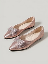 billiga Platta damskor-Rosa glitterrosett-skor för kvinnor - eleganta spetsiga trädgårdsfestskor