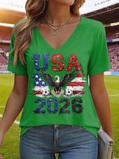  Mulheres Camiseta Imprimir Gráfico Time de futebol à moda Clássico Casual Manga Curta Decote V Tops regulares Diário Azul Preto Branco Vermelho Verde Verão Primavera