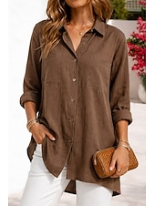 billige Essensielle falske skjorter-Dame Skjorte Uformell skjorte Skjorte med knapper Bomullsskjorte Helfarge عادي Elegant Ferie Mote Langermet Aftæpning Lange topper Gateklær Strand Ferie Brun Sommer Vår Høst