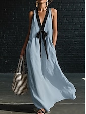 baratos Vestidos-Mulheres Vestido Longo Vestidos com toque de linho Vestidos Para o Verão Vestido A Line Vestido de verão Casual Diário Festa Feriado Ajuste Largo Tecido Sem Manga Decote V Azul Amarelo Claro Branco